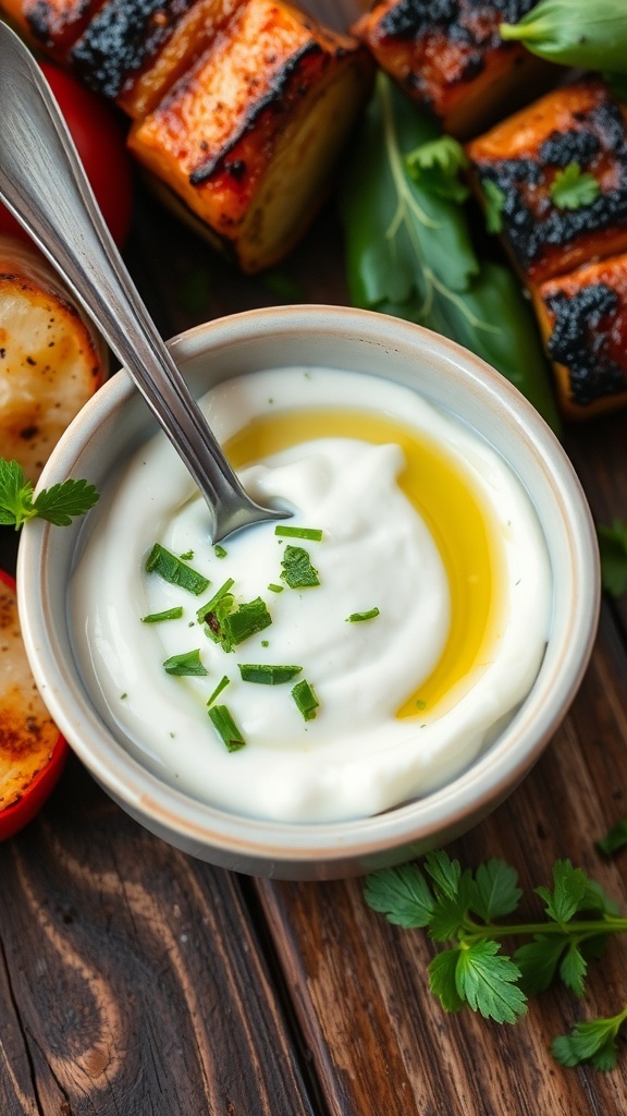 Creamy feta sauce in a bowl, garnished with herbs, served with fresh vegetables and grilled meats.